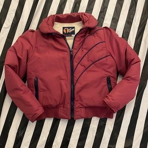 Vintage 80s 1st Down Sz 14 Burgundy & Navy Puff Sleeve 100% Goose Down Ski Coat
